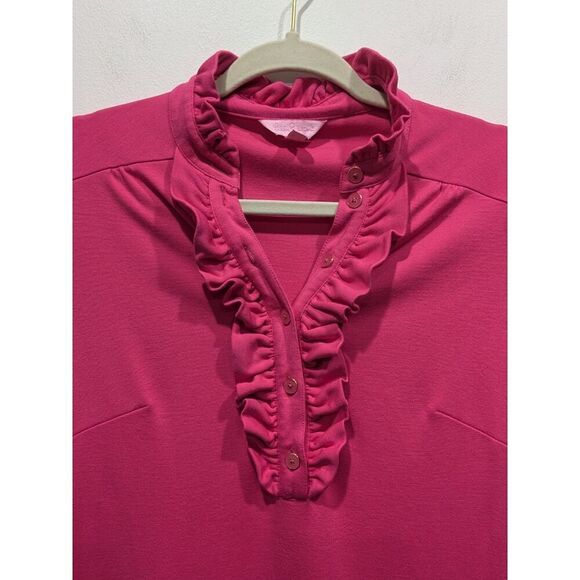Lilly Pulitzer Pink Ruffle Neck Cap Sleeve Popover Shirt Dress, S - Picture 3 of 11
